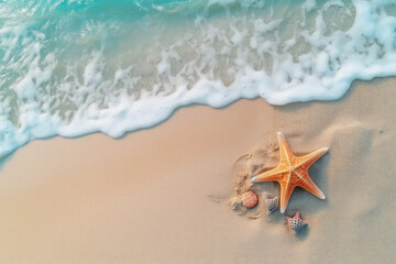 Fototapeta na wymiar Top view of sand beach seashore, sea waves with white foam, copy space, starfish.