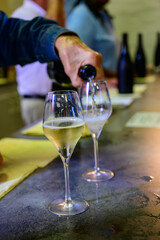 Tasting of sparkling white wine with bubbles champagne on summer festival route of champagne in Cote des Bar, Champagne region, France