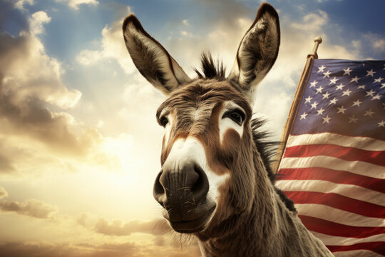 Donkey as a symbol of democrats with US flag in the background