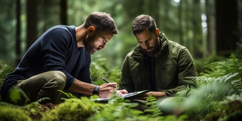 Scient Engaging in Scientific Notetaking Amidst a Lush Forest, Demonstrating a Rigorous Approach to Understanding Nature and Fostering Environmental Protection Through Research, Education