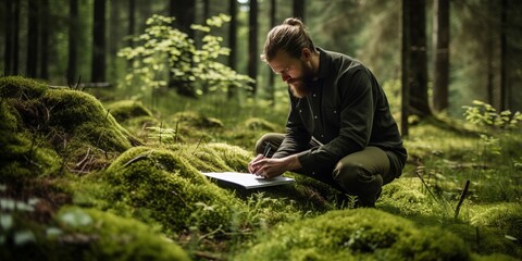 Fototapeta premium Scient Engaging in Scientific Notetaking Amidst a Lush Forest, Demonstrating a Rigorous Approach to Understanding Nature and Fostering Environmental Protection Through Research, Education
