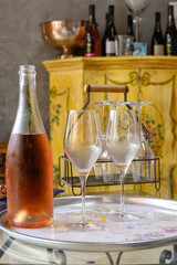 Tasting of grand cru sparkling white wine with bubbles champagne in old champagne house in grand cru wine producer small village Ambonnay, Champagne, France