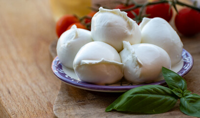 White balls of Italian soft cheese Mozzarella di Bufala Campana served with fresh green basil and red sicilian tomatoes