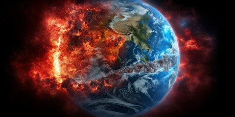 Earth in Fiery Red and Charred Blue, a Harrowing Depiction of Global Warming and the Ravages of Climate Change in the Style of an Apocalyptic Space Disaster Scene