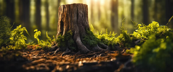 Wooden cutted tree stump in forest, extremely detailed and realistic