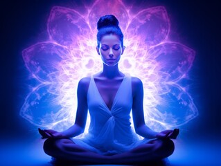 Female in Ethereal Blue Light Surrounded by a Purple Aura, Embracing Zen Buddhism Influence, Radiating Meditation, Tranquility, and Inner Peace, a Mystical Journey Towards Enlightenment