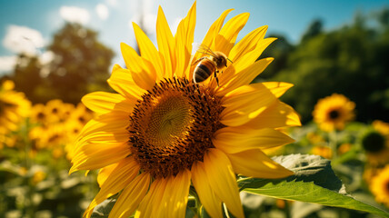 Fototapeta premium A close-up of a single sunflower with a bee collecting pollen. AI Generative.