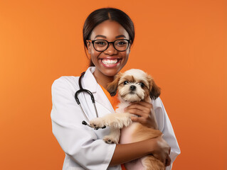 A veterinarian examines a small puppy against an orange background