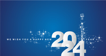 We wish you a Happy New Year 2024 event new elegant style calendar numbers shining silver white blue greeting card