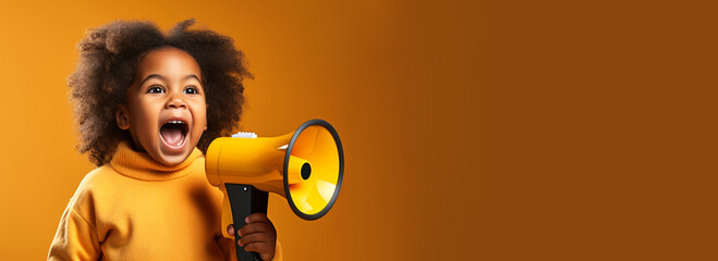 African american child kid screaming in megaphone loudspeaker, studio yellow background. Important announcement news, significant messages sale discount concept. Empty space place for text copy paste