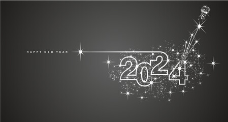 New Year 2024 eve line design numbers light sparkler firework champagne shining white black vector