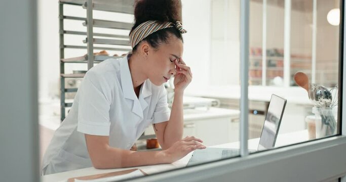 Chef, laptop and woman with stress, headache and burnout with mistake, financial issue and tax report. Person, entrepreneur or business owner with a pc, migraine and bankruptcy with anxiety and audit
