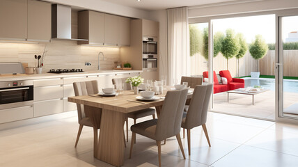Fototapeta na wymiar Stylish modern kitchen with table set for dinner within chic home, AI Generative.