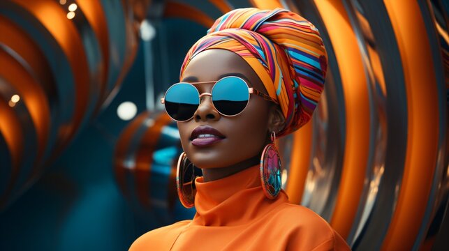 abstract high fashion model wearing avant-garde clothing and accessories, crazy surreal wall design