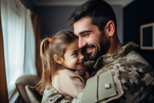 Excited military dad reuniting with his child at home
