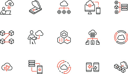 Vector set of linear icons related to network cloud service, cloud storage, data transfer and synchronization. Mono line pictograms and infographics design elements - part 4