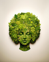 Human head made of green leaves and flowers