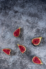 Fig fruits on a wooden background, above vantage point photography, macro photography