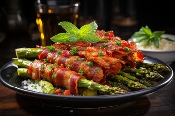 asparagus fried in homemade prosciutto served on a plate decorated with a sprig of greens. ready meals for the recipe book. 