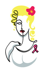 One line drawing of pink badge on woman chest for breast cancer.
One continuous line drawing of breast cancer and pink ribbon.
