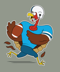 A cartoon turkey runs with a football.