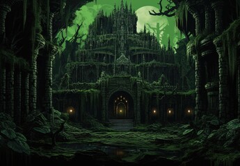 Landscape with a dark medieval castle in the middle of the forest, anime style, greenish tones. Generative AI