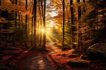 Sunlight filtering through colorful fall leaves in a forest