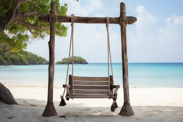 Landscape with wooden swing on the beach, sea and deep sky, place to relax. Generative AI