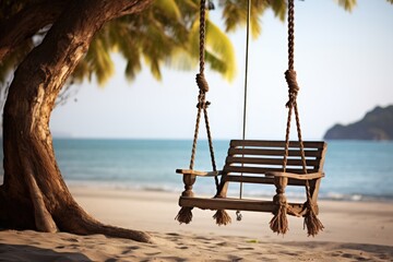 Landscape with wooden swing on the beach, sea and deep sky, place to relax. Generative AI