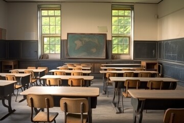 Fototapeta na wymiar Classroom with chairs, tables and board, elementary school. Generative AI