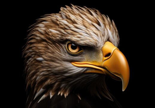 Digital illustration of eagle face on black background. Generative AI