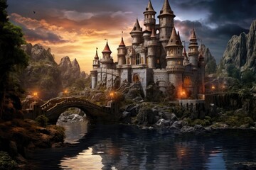 Landscape with medieval castle, universe of the middle ages, fantasy and fairy tale. Generative AI