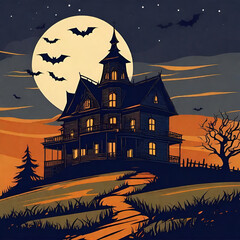 Animated haunted house displaying orange and black Halloween colors in front of full moon and bats in the sky