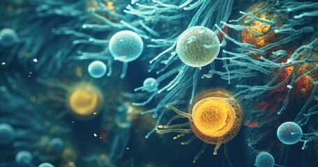 Digital illustration of virus, microscopic view, pandemic concept. Generative AI - obrazy, fototapety, plakaty