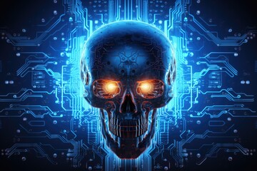 Skull on circuit board, blue neon light, antivirus and data protection concept. Generative AI