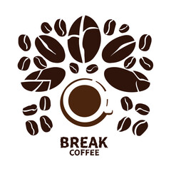 Coffee beans, cup with drink, coffee break text, silhouette on a transparent background, vector drawing

