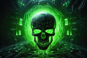 Skull on circuit board, green neon light, antivirus and data protection concept. Generative AI