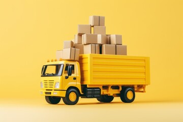 Digital illustration of yellow delivery truck with boxes, logistics and deliveries concept. Generative AI