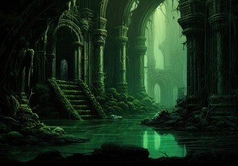 Landscape with ruins of a medieval castle, anime style, greenish tones. Generative AI