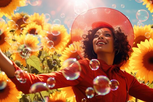 Landscape with beautiful woman amidst soap bubbles and sunflowers, lifestyle concept. Generative AI