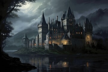 Obraz premium Landscape with medieval castle, universe of the middle ages, fantasy and fairy tale. Generative AI