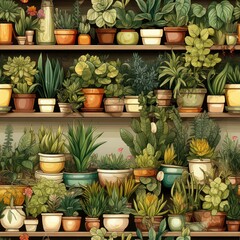 seamless pattern of home and office plants in pots on shelves .for wrapping paper or wallpaper.