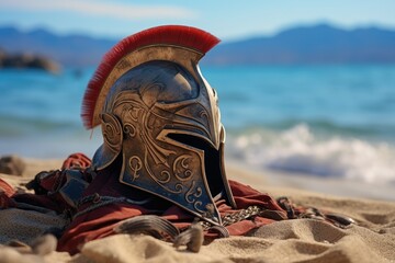 Fototapeta premium Landscape with Spartan warrior helmet on the beach sand. Generative AI