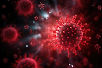 Digital illustration of virus, microscopic view, red tones, pandemic concept. Generative AI
