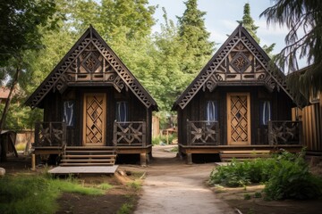 Fototapeta na wymiar Beautiful wooden chalets in rustic style, tourism and rest concept. Generative AI