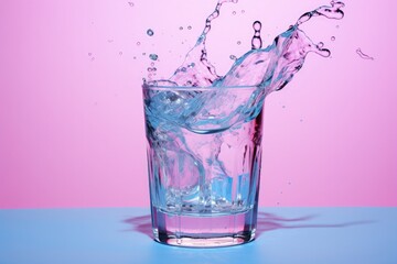 Glass of water conveying a feeling of refreshment, shades of blue and pink. Generative AI