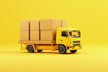 Digital illustration of yellow delivery truck with boxes, logistics and deliveries concept. Generative AI