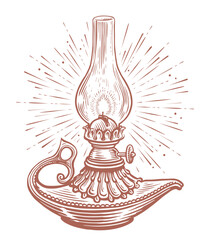 Old oil lamp sketch vector illustration engraving style. Vintage oil lantern or kerosene lamp with rays of light