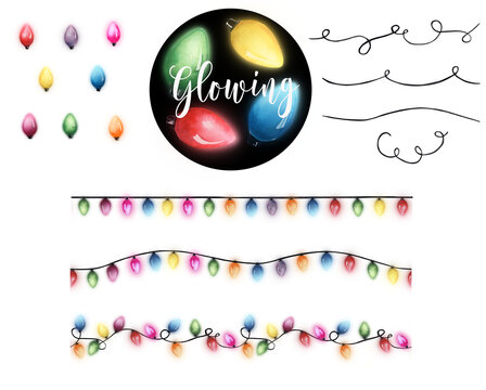 Christmas lights border PNG. Watercolor hand painted holiday ornament. String of colourful Christmas fairy lights garland. Illustration isolated on transparent background