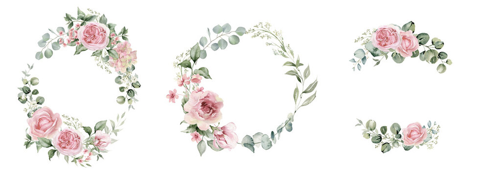 Watercolor floral illustration. Pink flowers and eucalyptus greenery set. Dusty roses, soft light blush peony - border, wreath, frame. Perfect wedding stationary. PNG transparent background